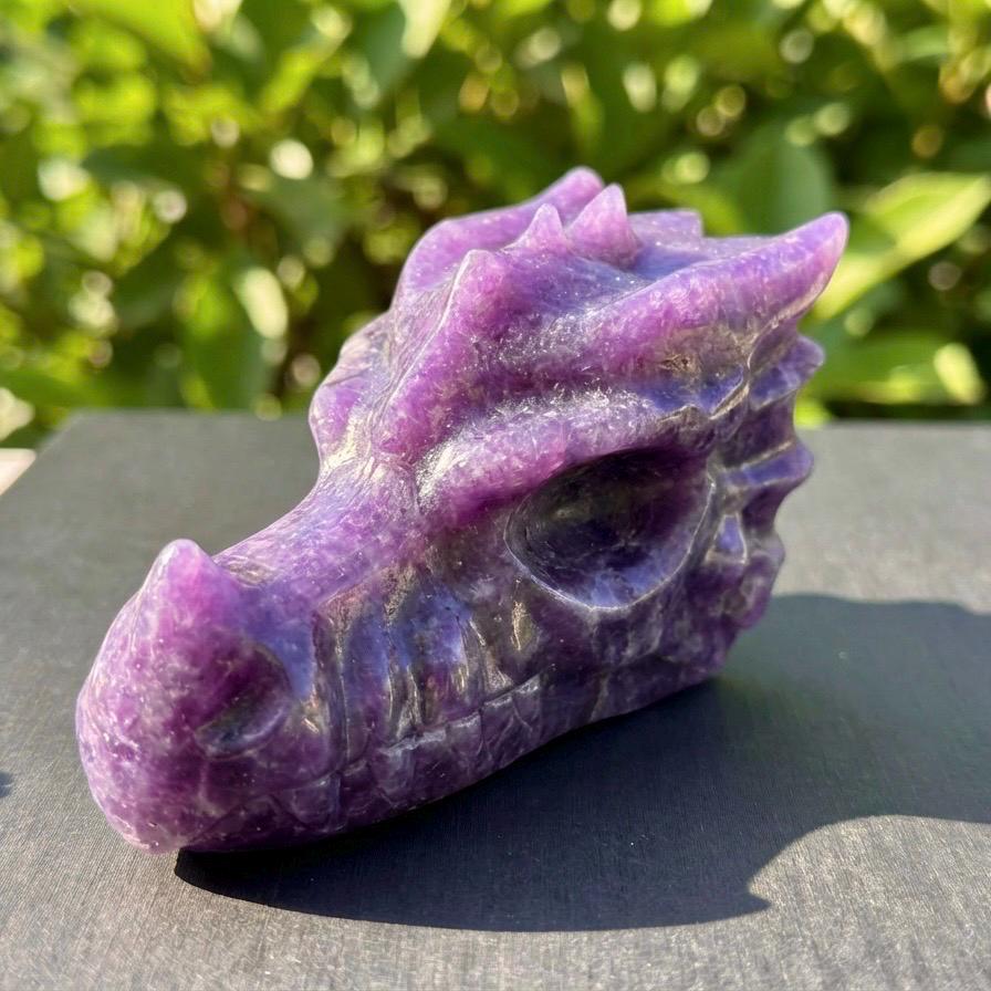 Natural Lepidolite Dragon Head Carving | Purple Mica Crystal Sculpture | UV Glow Crystal Dragon Head | Metaphysical Healing Decor