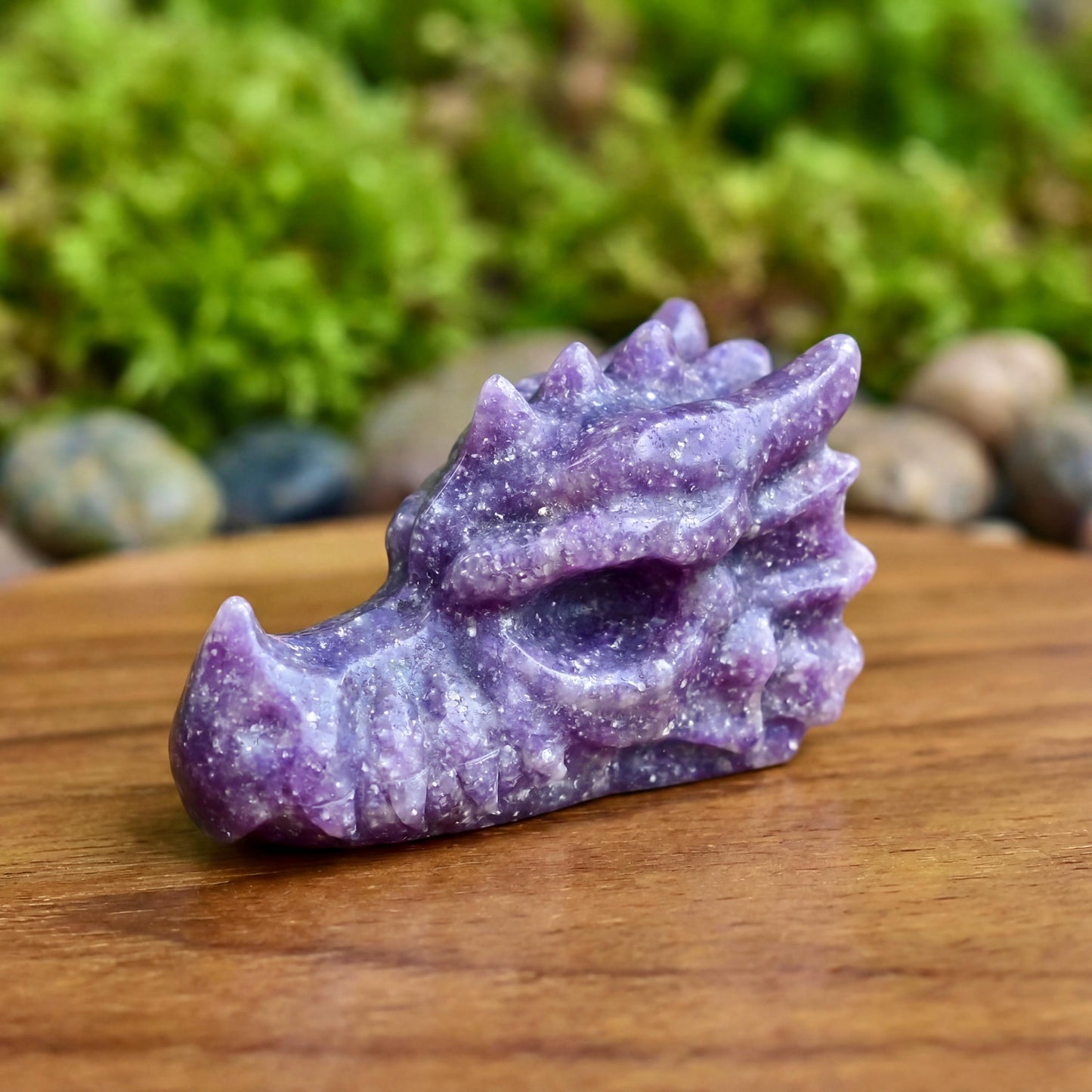 Natural Lepidolite Dragon Head Carving | Purple Mica Crystal Sculpture | UV Glow Crystal Dragon Head | Metaphysical Healing Decor