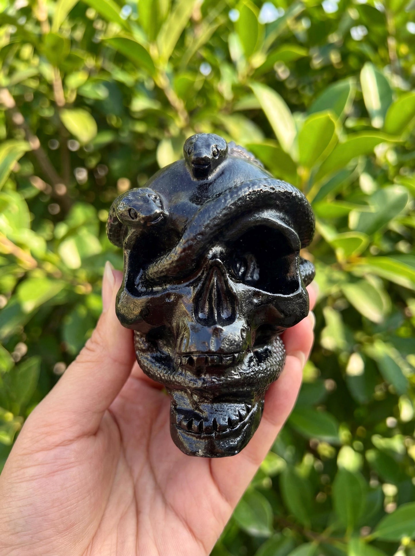Lepidolite Crystal Skull with Carved Obsidian Snake