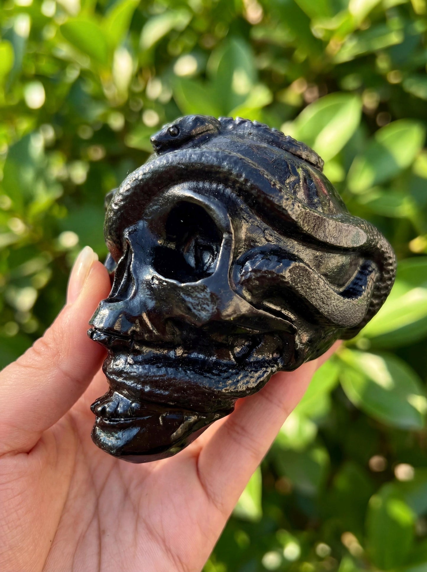 Lepidolite Crystal Skull with Carved Obsidian Snake