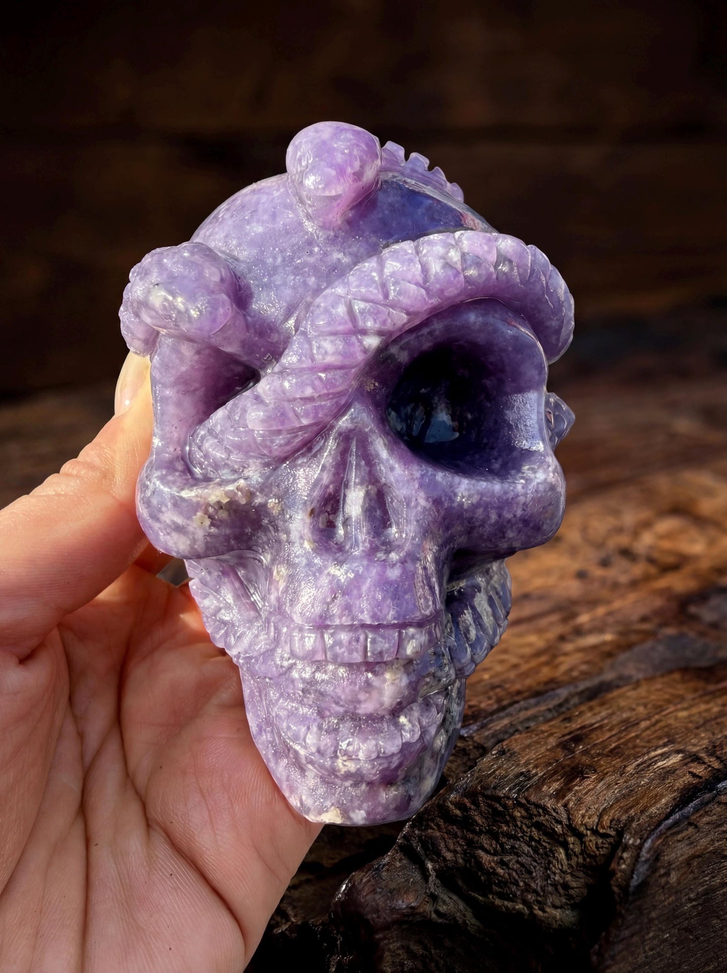 Lepidolite Crystal Skull with Carved Obsidian Snake