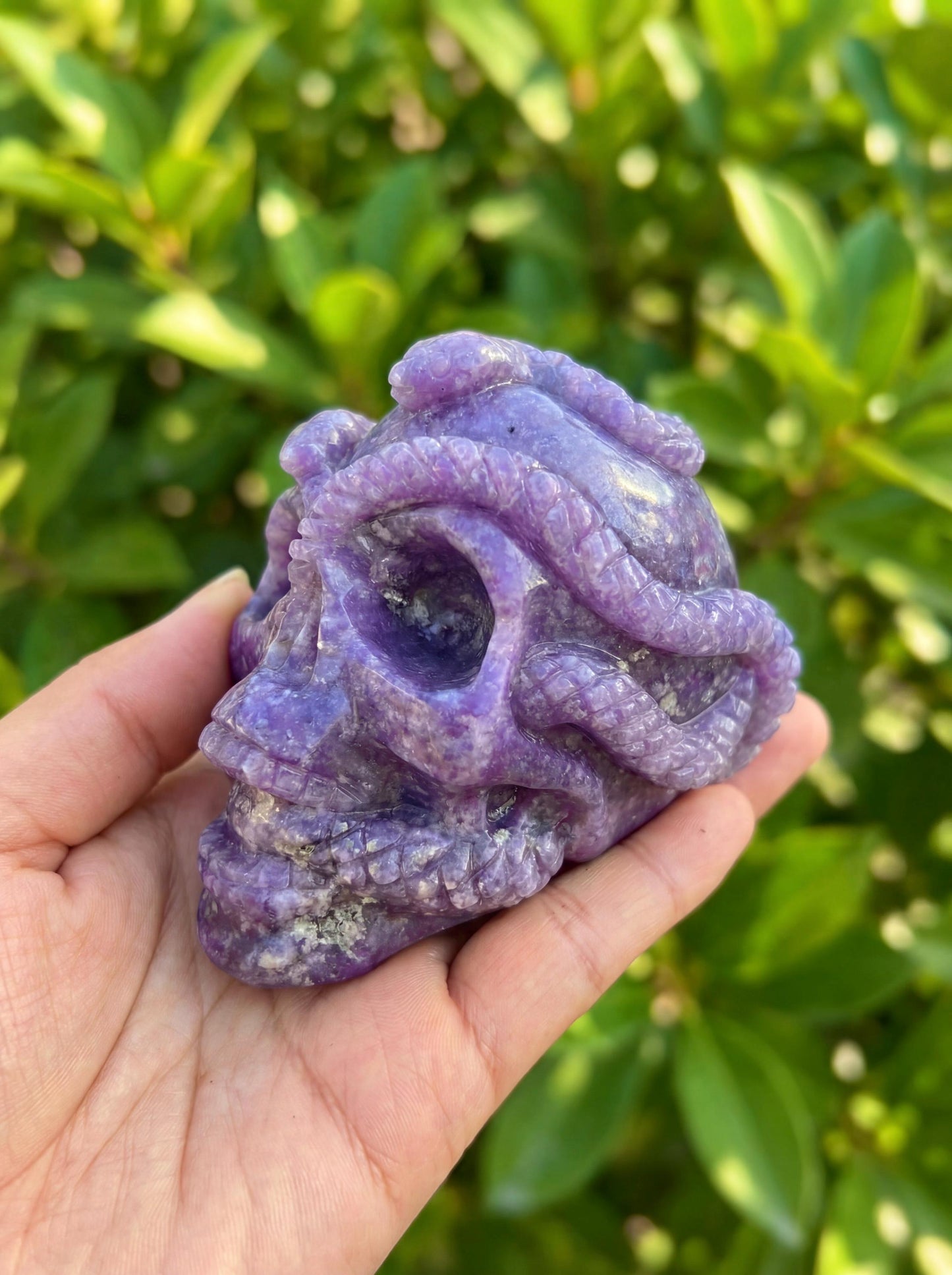 Lepidolite Crystal Skull with Carved Obsidian Snake