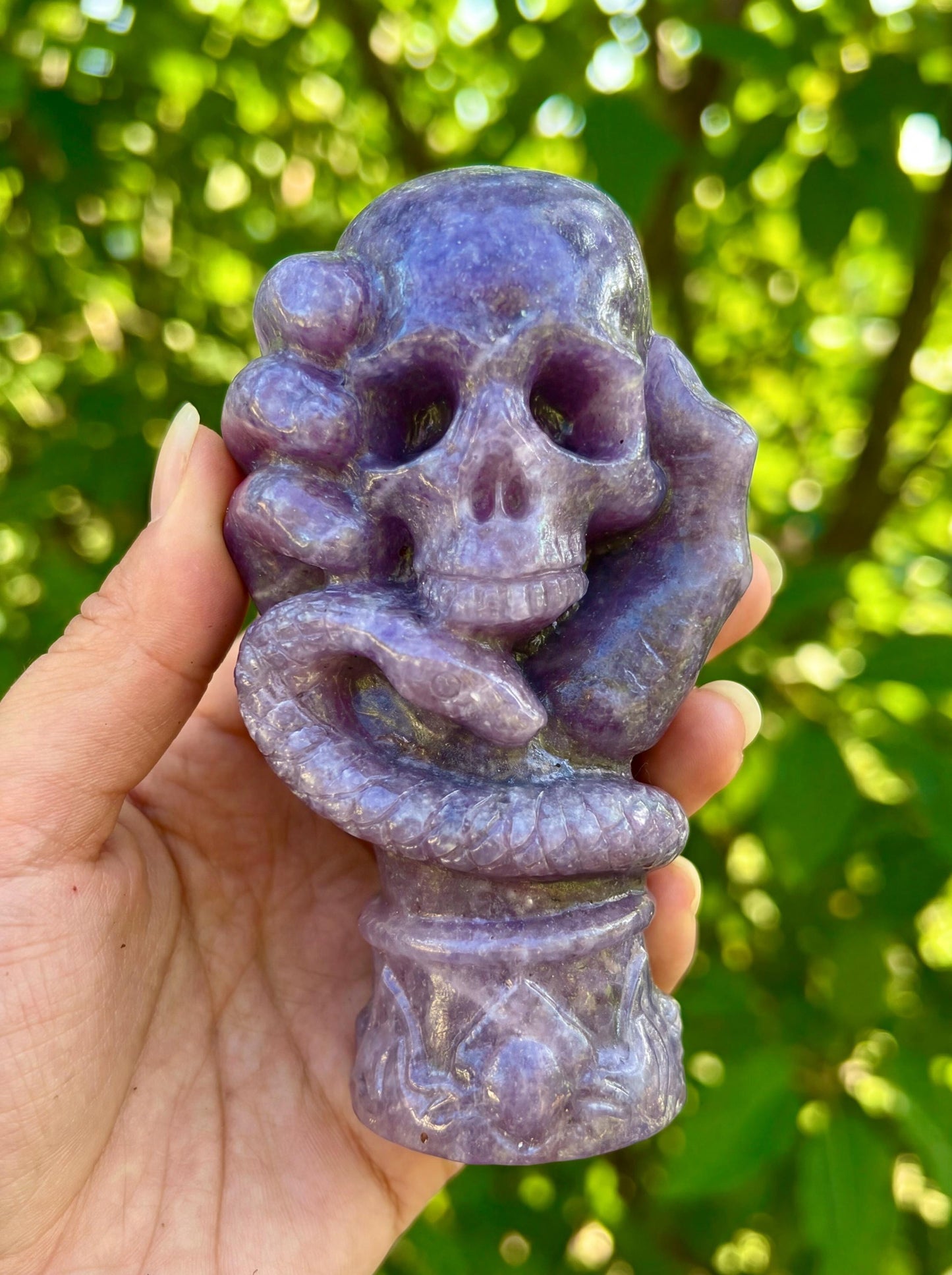Lepidolite Crystal Skull with Carved Obsidian Snake