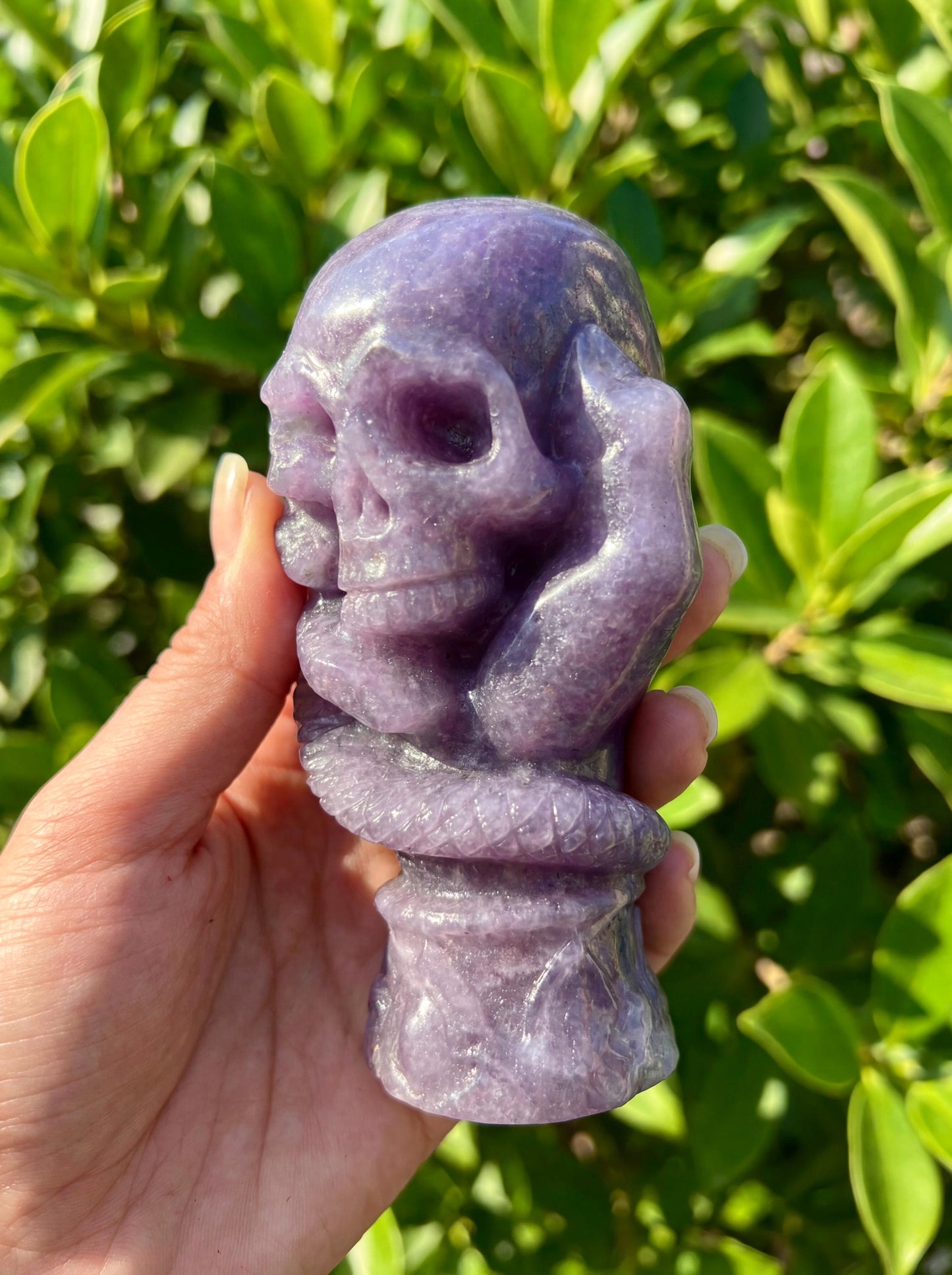 Lepidolite Crystal Skull with Carved Obsidian Snake