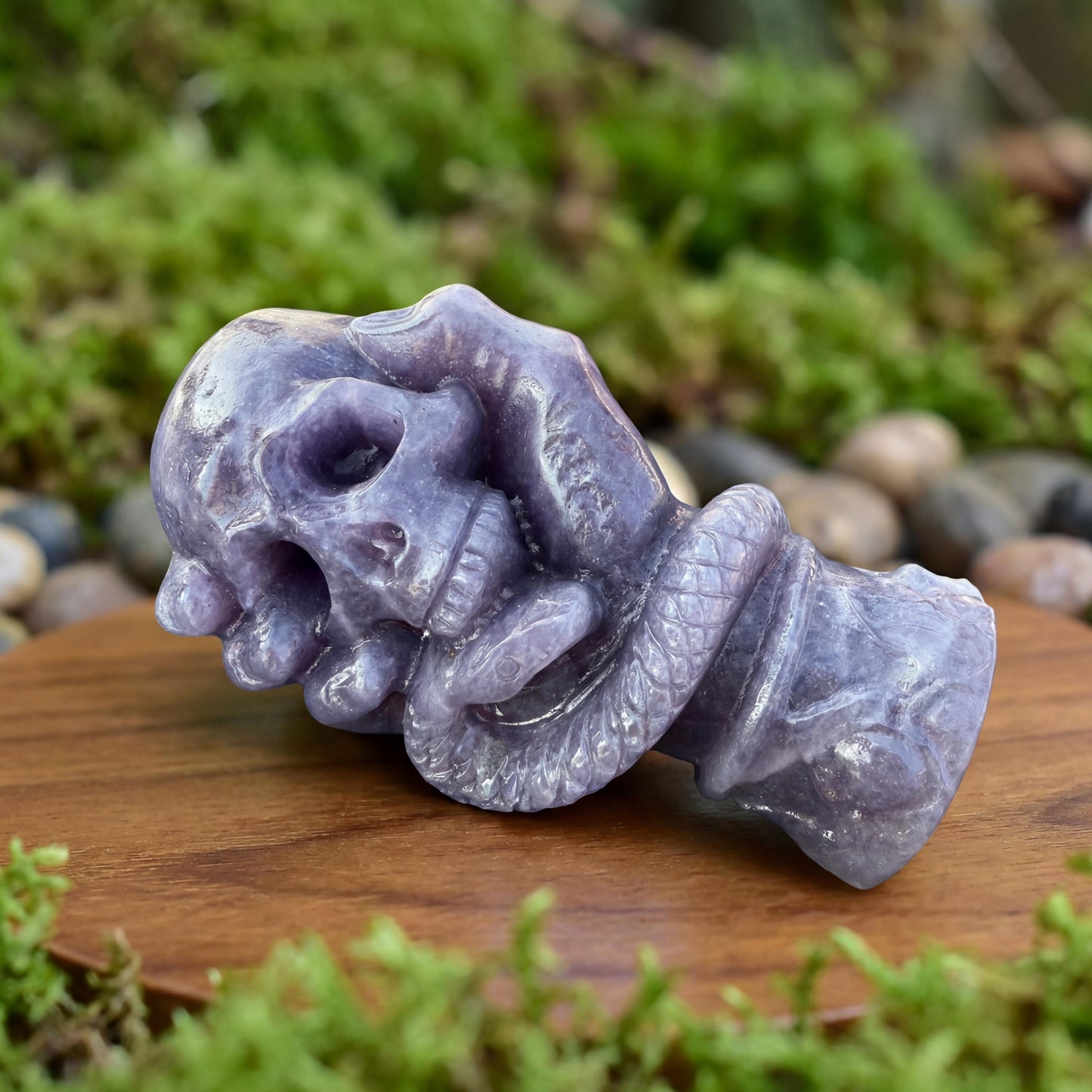 Lepidolite Crystal Skull with Carved Obsidian Snake
