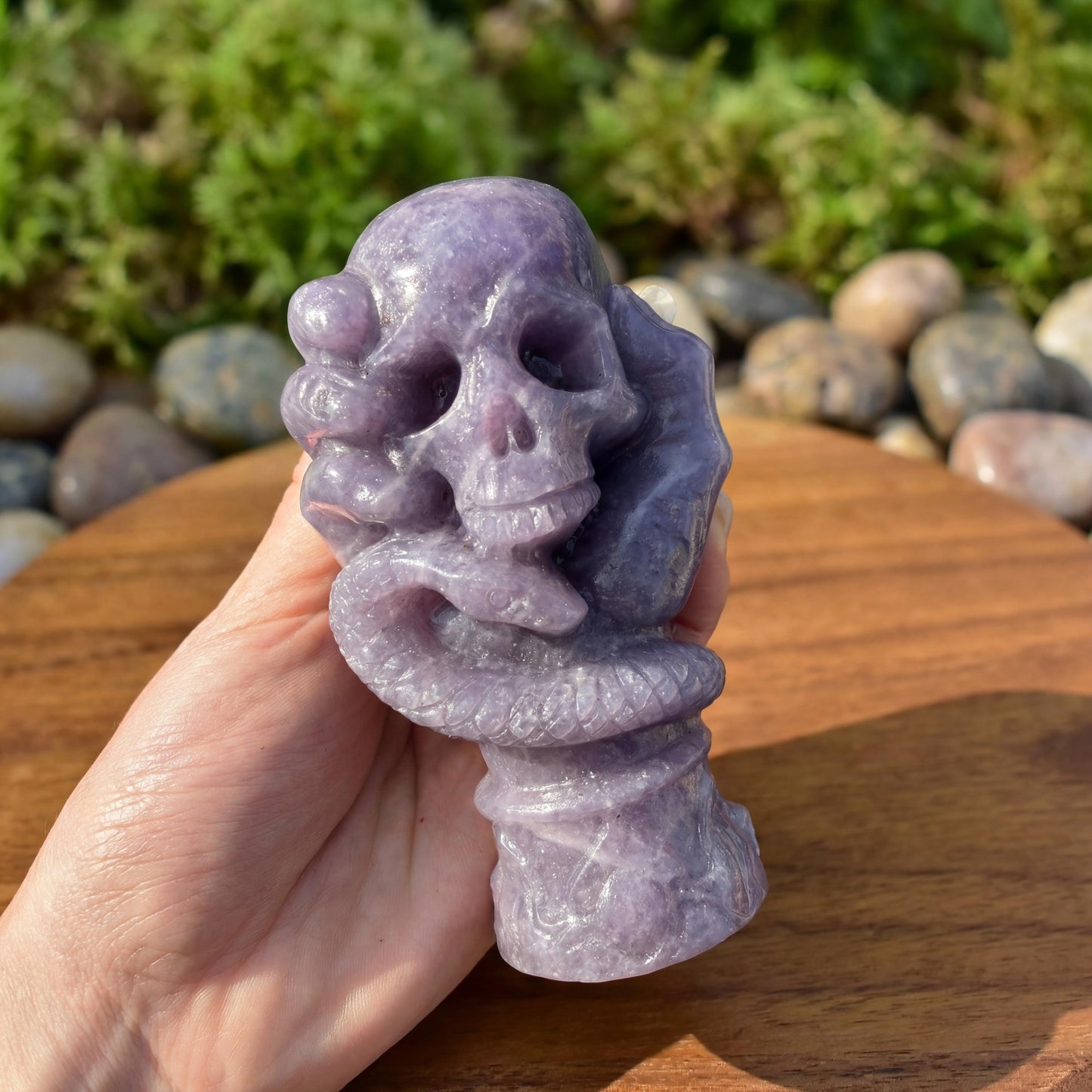 Lepidolite Crystal Skull with Carved Obsidian Snake