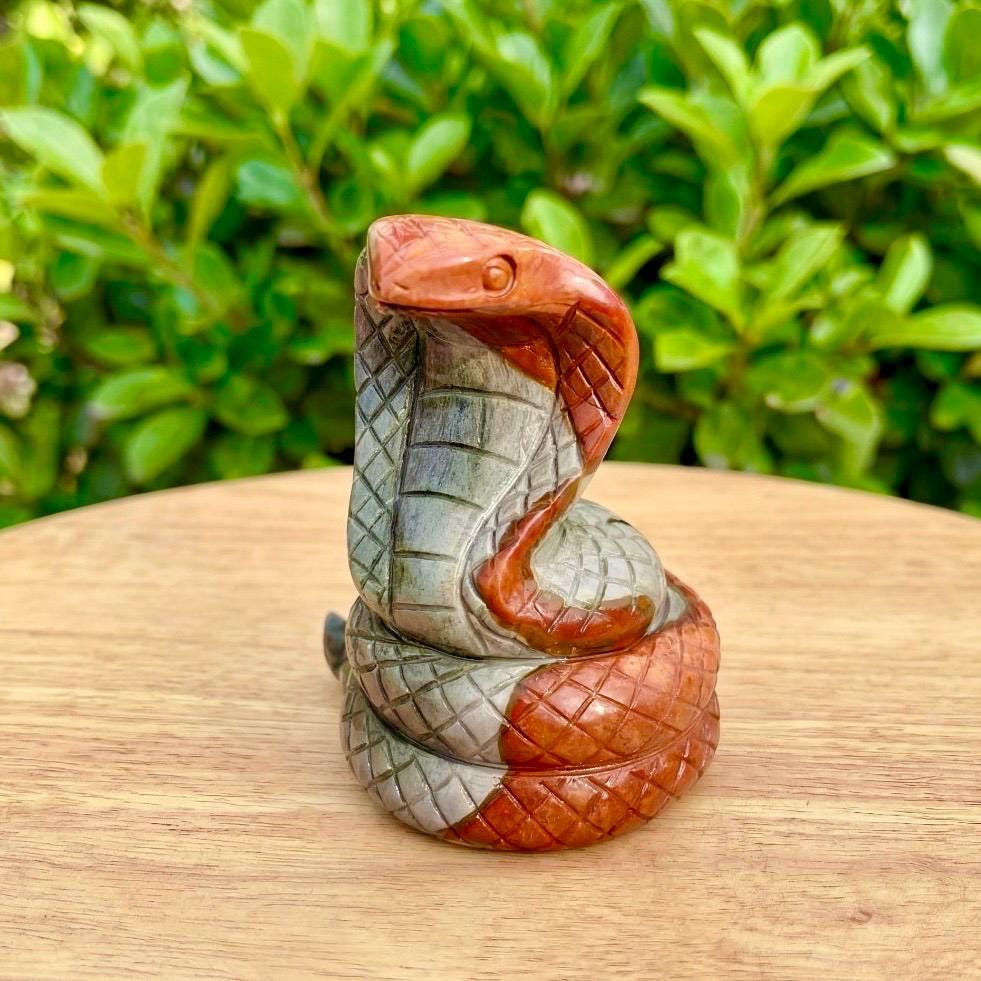 Hand Carved Jasper Snake Figurine, Natural Gemstone Serpent Sculpture, Crystal Animal Totem, Realistic Cobra Statue, Unique Desk Decor Gift