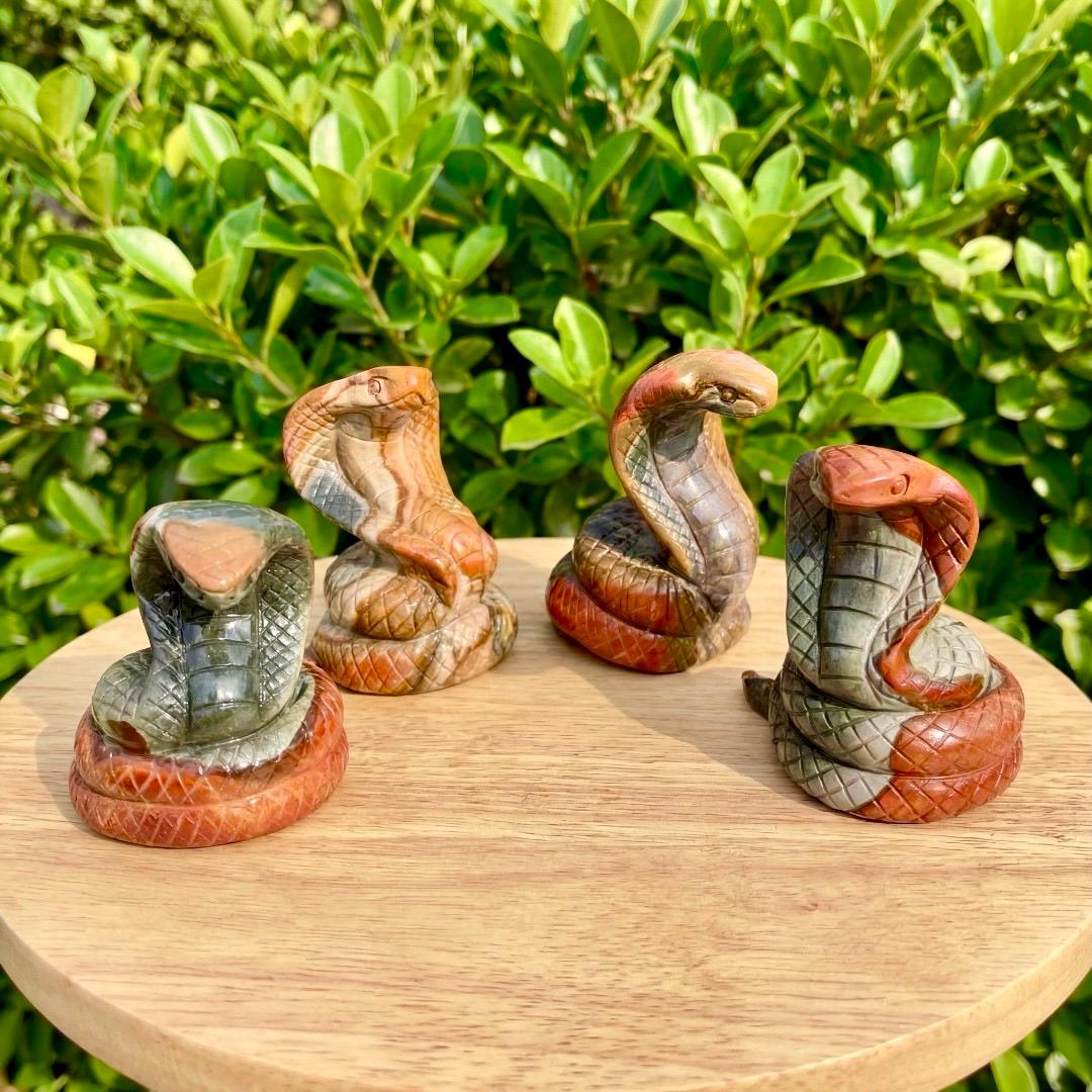 Hand Carved Jasper Snake Figurine, Natural Gemstone Serpent Sculpture, Crystal Animal Totem, Realistic Cobra Statue, Unique Desk Decor Gift