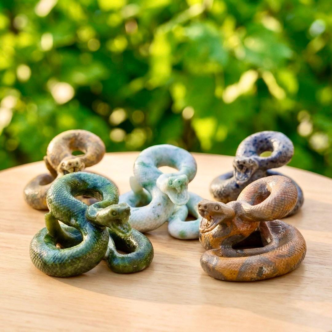 Hand Carved Jasper Snake Figurine, Natural Gemstone Serpent Sculpture, Crystal Animal Totem, Realistic Cobra Statue, Unique Desk Decor Gift