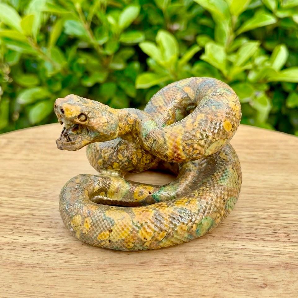 Hand Carved Jasper Snake Figurine, Natural Gemstone Serpent Sculpture, Crystal Animal Totem, Realistic Cobra Statue, Unique Desk Decor Gift