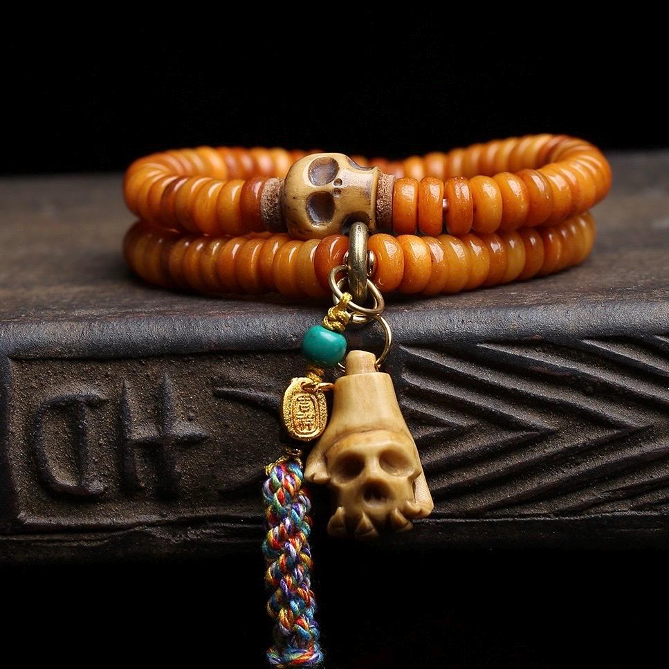 108 Tablet Bead Mala Bracelet, Polished Meditation Prayer Beads, Buddhist Style Jewelry