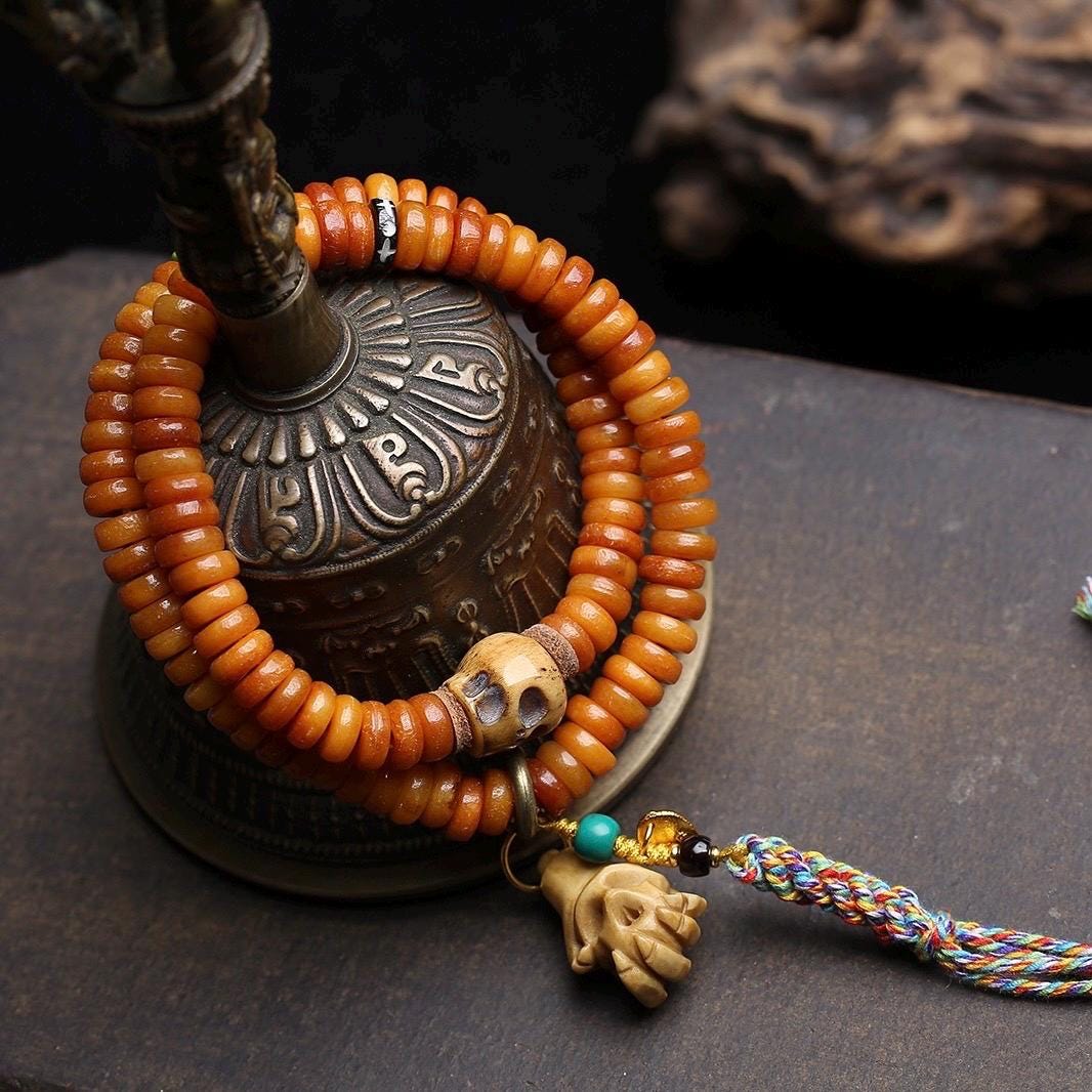 108 Tablet Bead Mala Bracelet, Polished Meditation Prayer Beads, Buddhist Style Jewelry