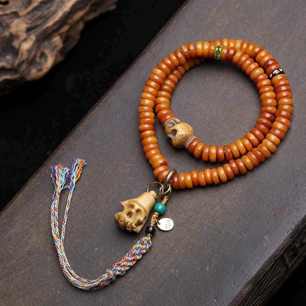 108 Tablet Bead Mala Bracelet, Polished Meditation Prayer Beads, Buddhist Style Jewelry