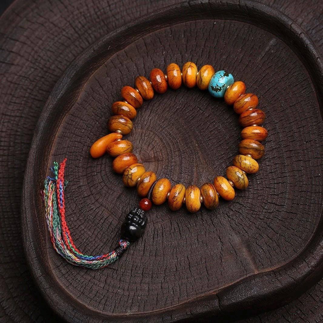 108 Tablet Bead Mala Bracelet, Polished Meditation Prayer Beads, Buddhist Style Jewelry