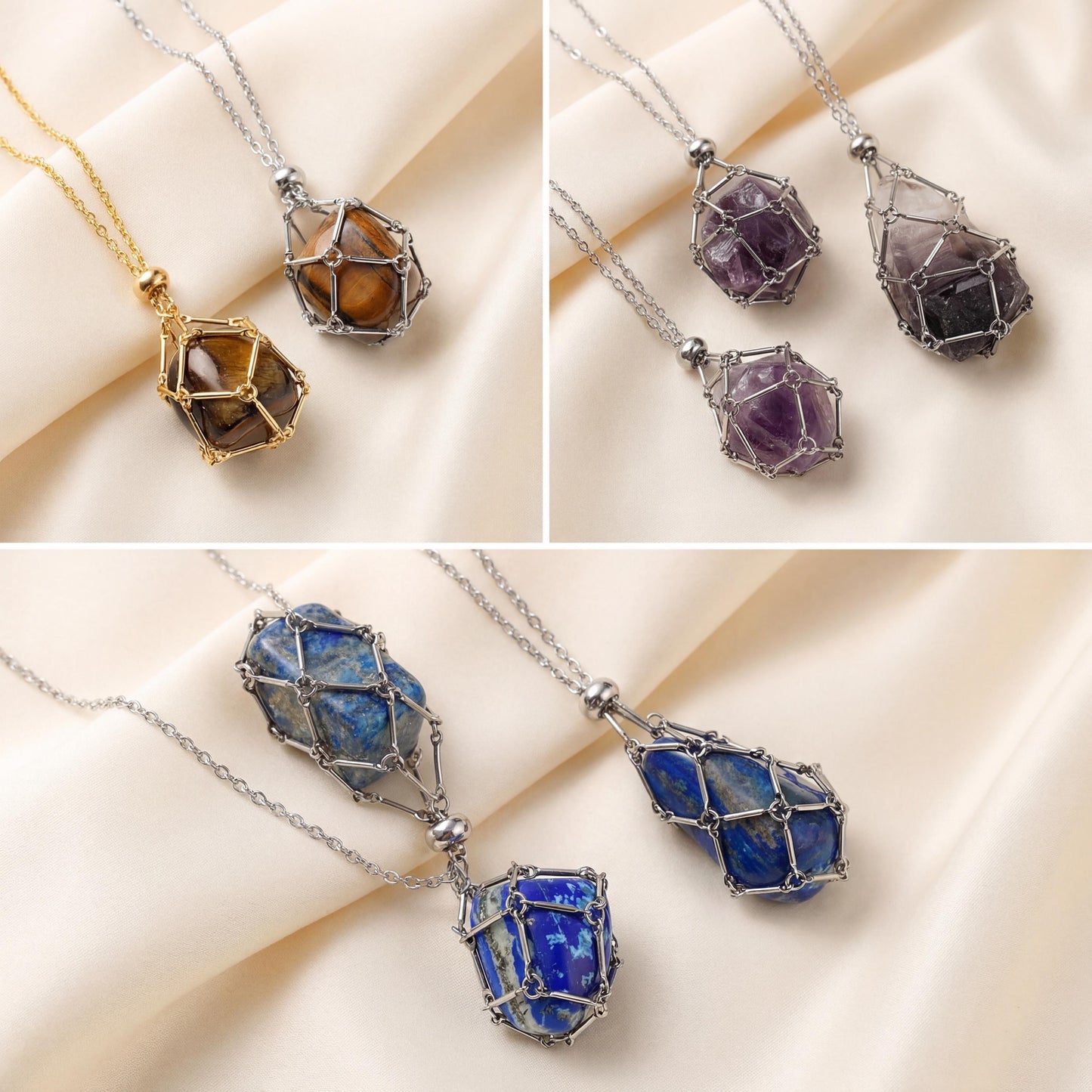 Stainless Steel Cage Necklace Holder, Adjustable Mesh Raw Stone Holder, Minimalist Boho Necklace for Crystal, DIY Stone Jewelry Gift