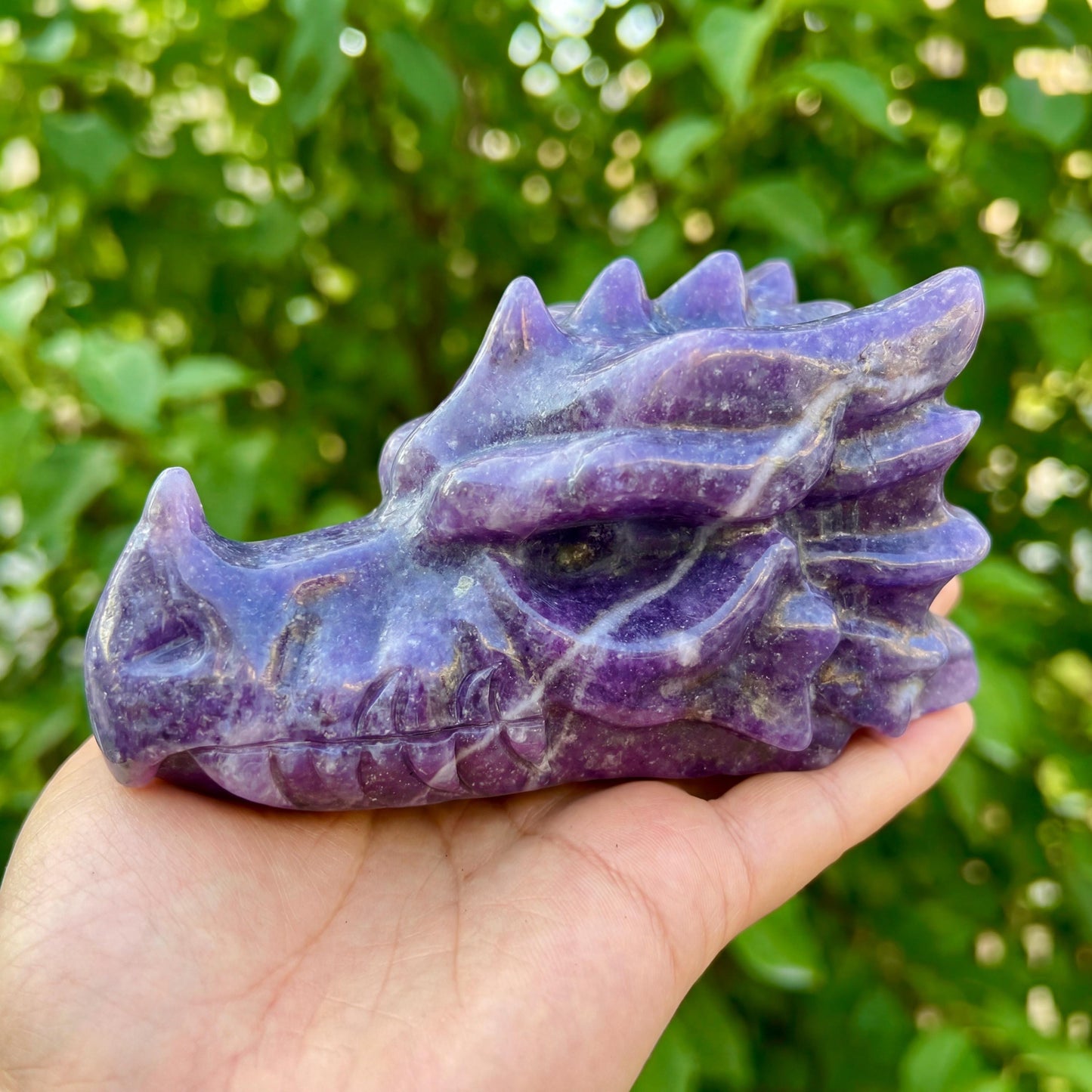 Natural Lepidolite Dragon Head Carving | Purple Mica Crystal Sculpture | UV Glow Crystal Dragon Head | Metaphysical Healing Decor
