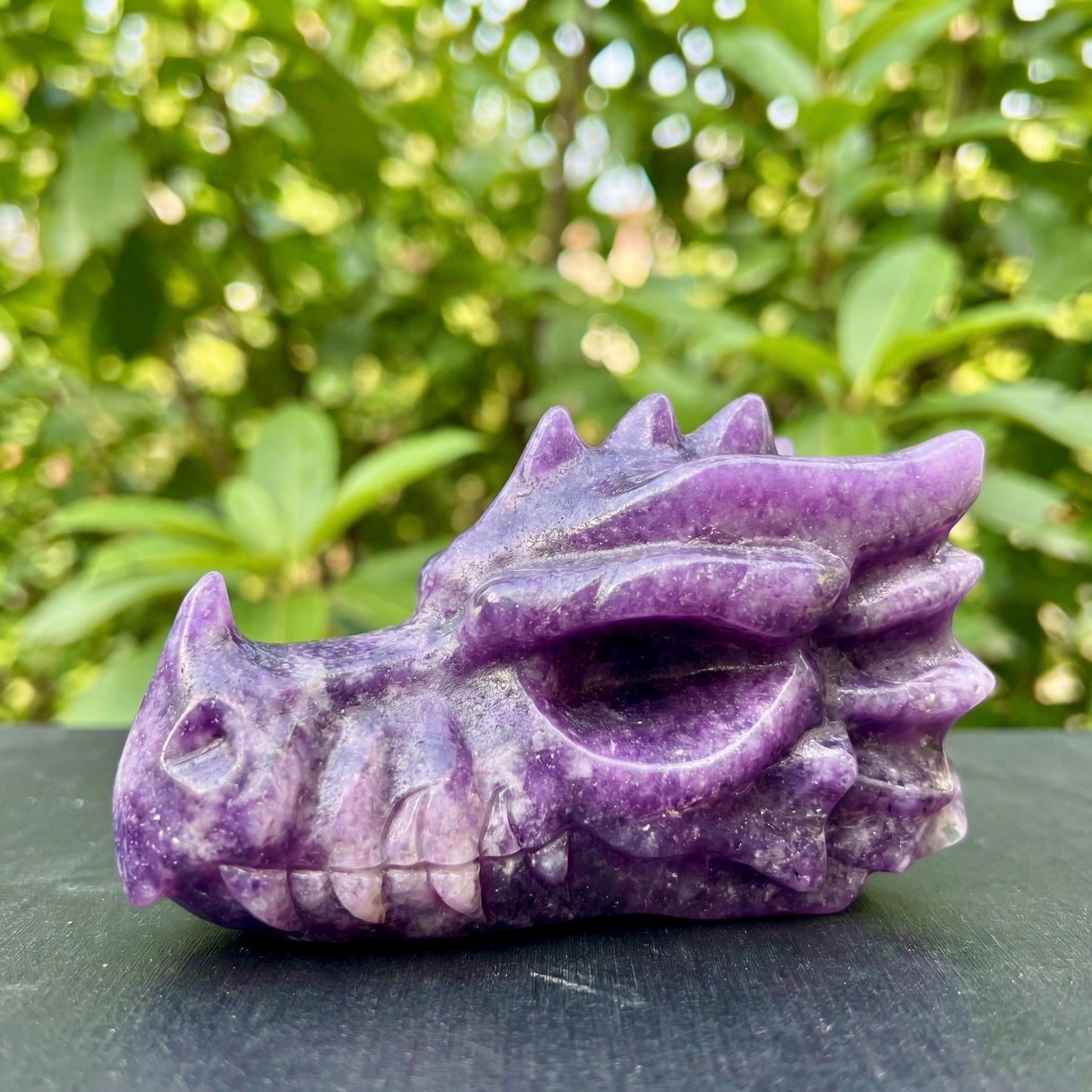 Natural Lepidolite Dragon Head Carving | Purple Mica Crystal Sculpture | UV Glow Crystal Dragon Head | Metaphysical Healing Decor