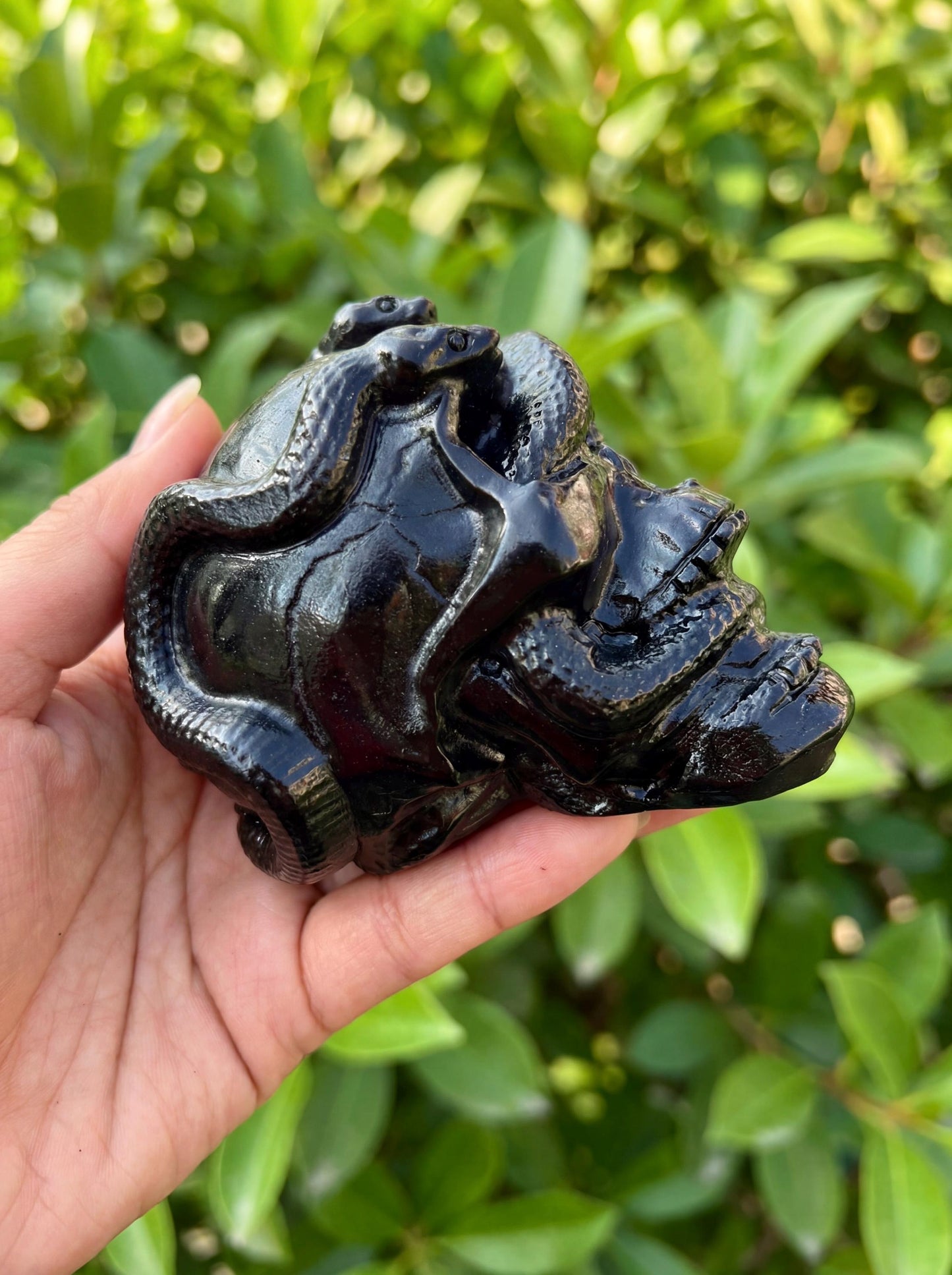 Lepidolite Crystal Skull with Carved Obsidian Snake