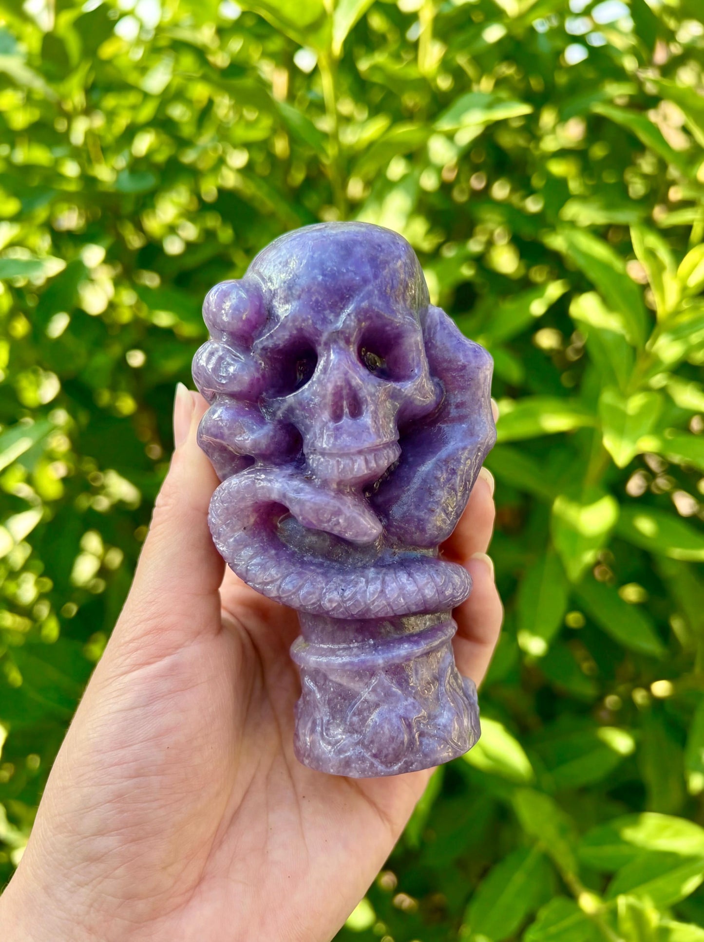 Lepidolite Crystal Skull with Carved Obsidian Snake
