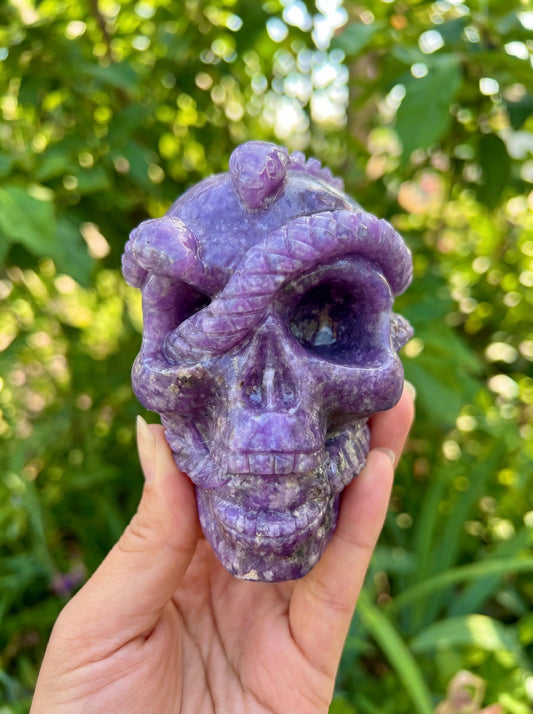 Lepidolite Crystal Skull with Carved Obsidian Snake
