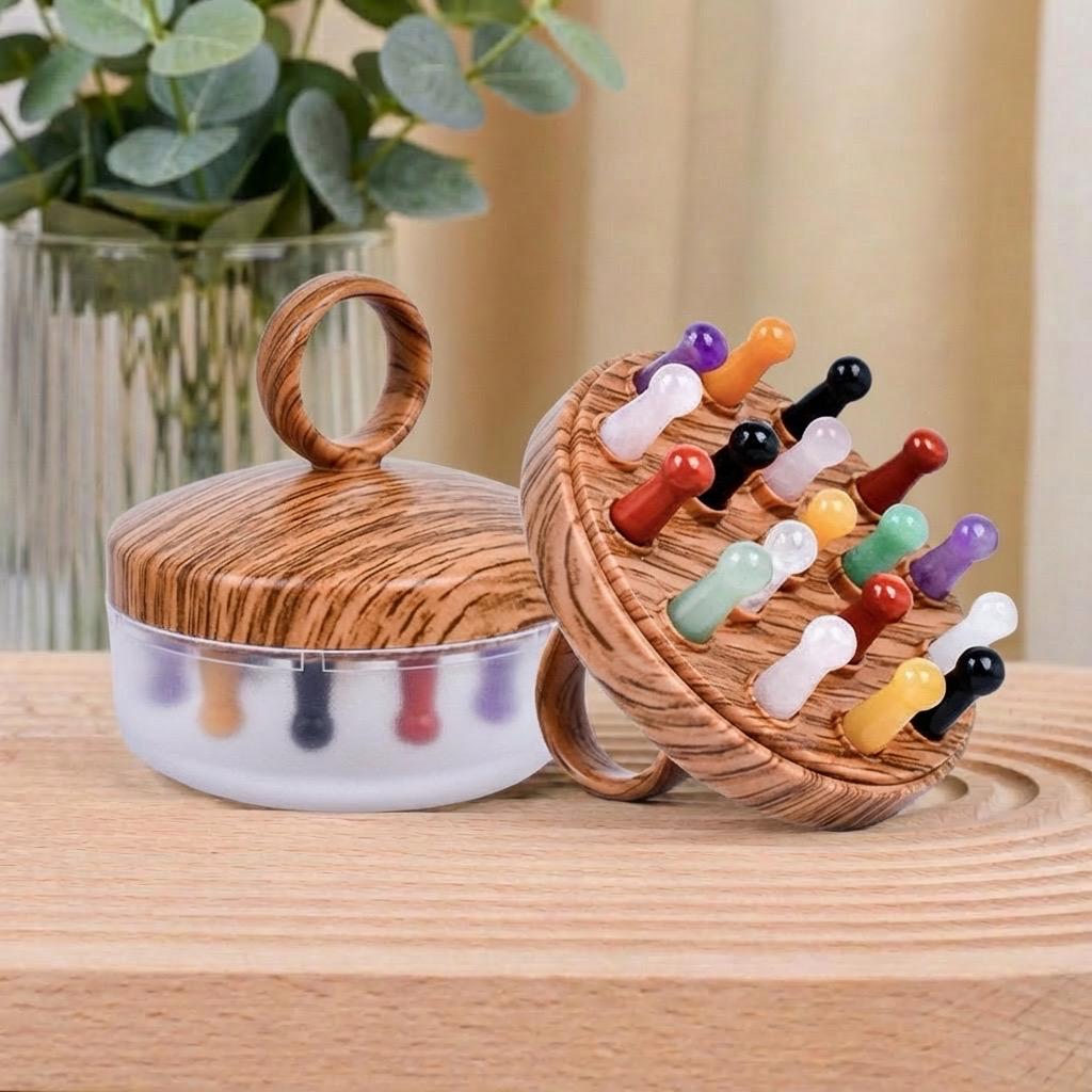Natural Crystal Scalp Massager Comb, Rose Quartz Amethyst Aventurine Head Relax Tool, Wooden Crystal Hair Brush, Self Care Gift