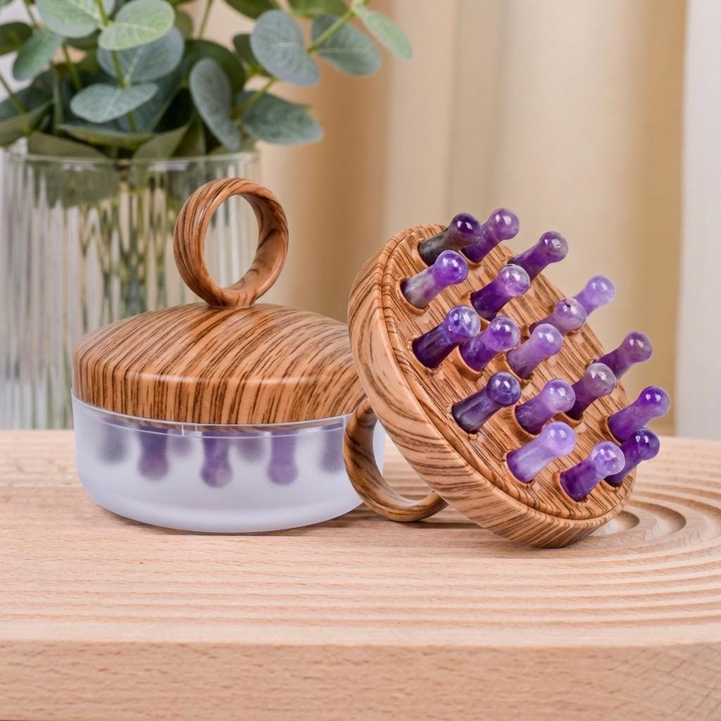 Natural Crystal Scalp Massager Comb, Rose Quartz Amethyst Aventurine Head Relax Tool, Wooden Crystal Hair Brush, Self Care Gift