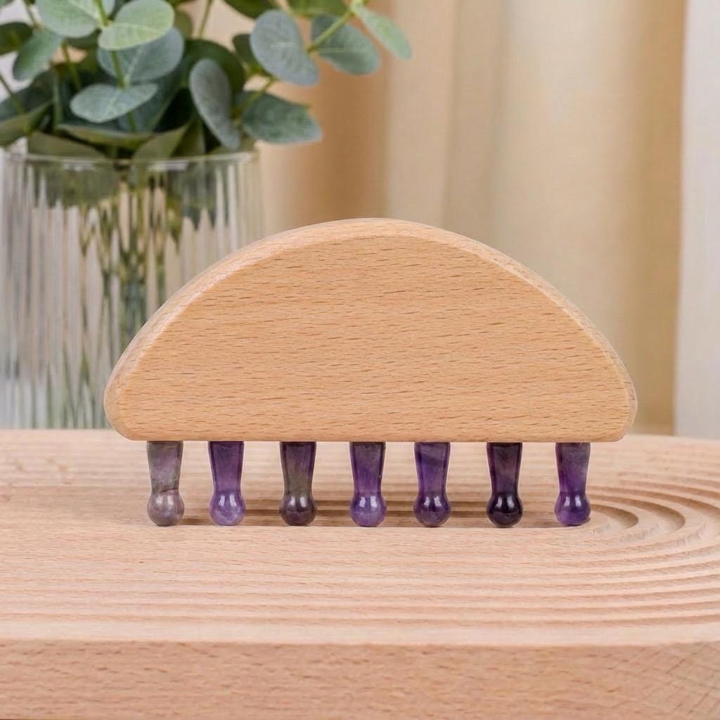 Personalized Natural Crystal Scalp Massager Comb, Wooden Handle Head Massage Tool, Pocket Comb for Stress Relief, Bridesmaid Self Care Gift