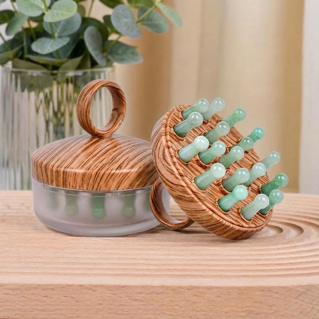 Natural Crystal Scalp Massager Comb, Rose Quartz Amethyst Aventurine Head Relax Tool, Wooden Crystal Hair Brush, Self Care Gift