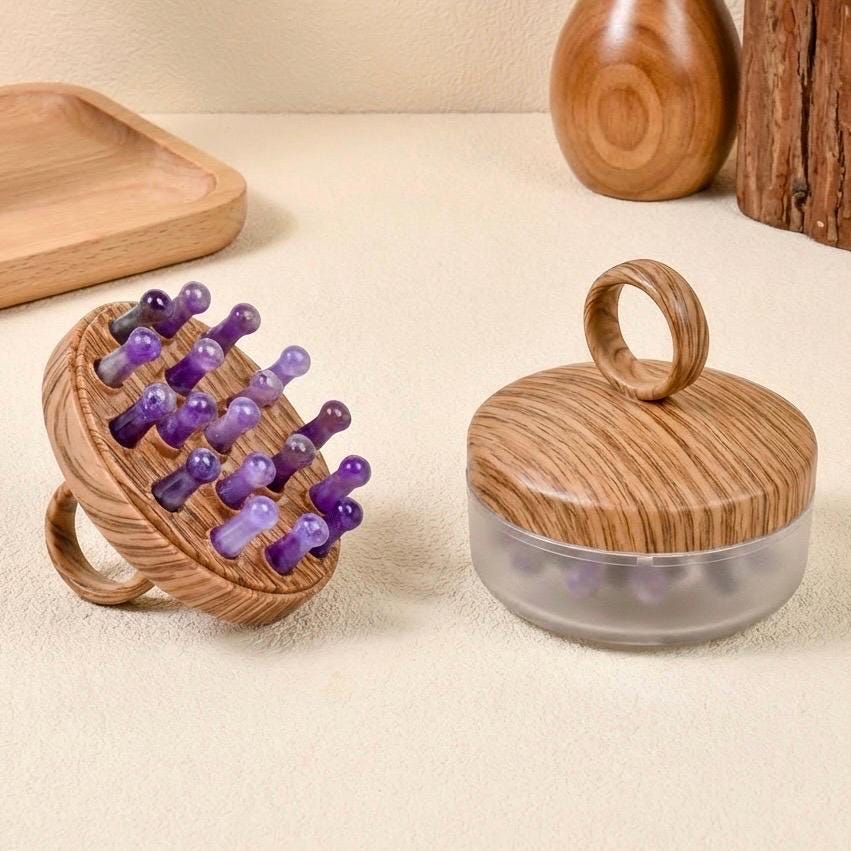Natural Crystal Scalp Massager Comb, Rose Quartz Amethyst Aventurine Head Relax Tool, Wooden Crystal Hair Brush, Self Care Gift