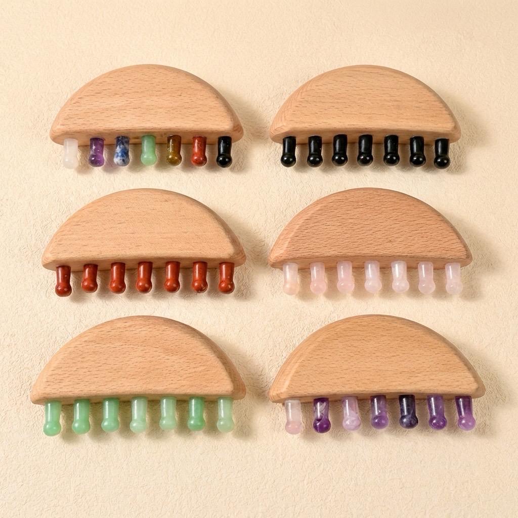 Personalized Natural Crystal Scalp Massager Comb, Wooden Handle Head Massage Tool, Pocket Comb for Stress Relief, Bridesmaid Self Care Gift