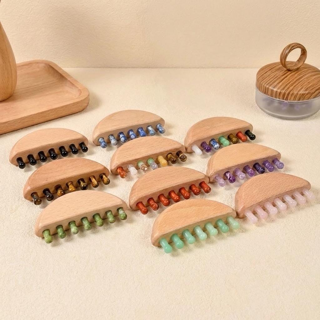 Personalized Natural Crystal Scalp Massager Comb, Wooden Handle Head Massage Tool, Pocket Comb for Stress Relief, Bridesmaid Self Care Gift
