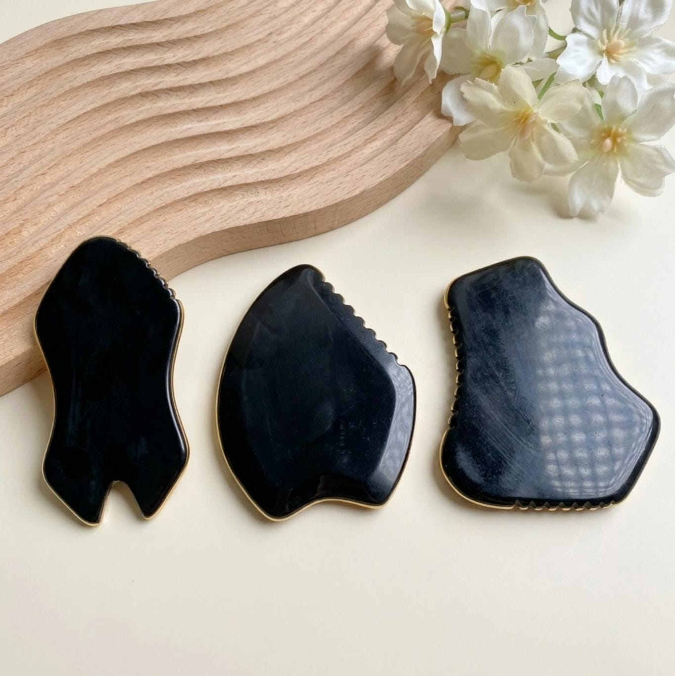 Black Bian Stone Gua Sha, Facial Massage Tool, Natural Stone Scraper for Face Body, Spa Skincare Tool, Wellness Gift, Text Engrave
