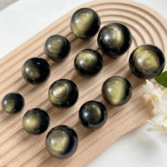 Natural Golden Sheen Obsidian Sphere, Crystal Ball for Home Decor, Polished Gold Obsidian Stone, Meditation Gift