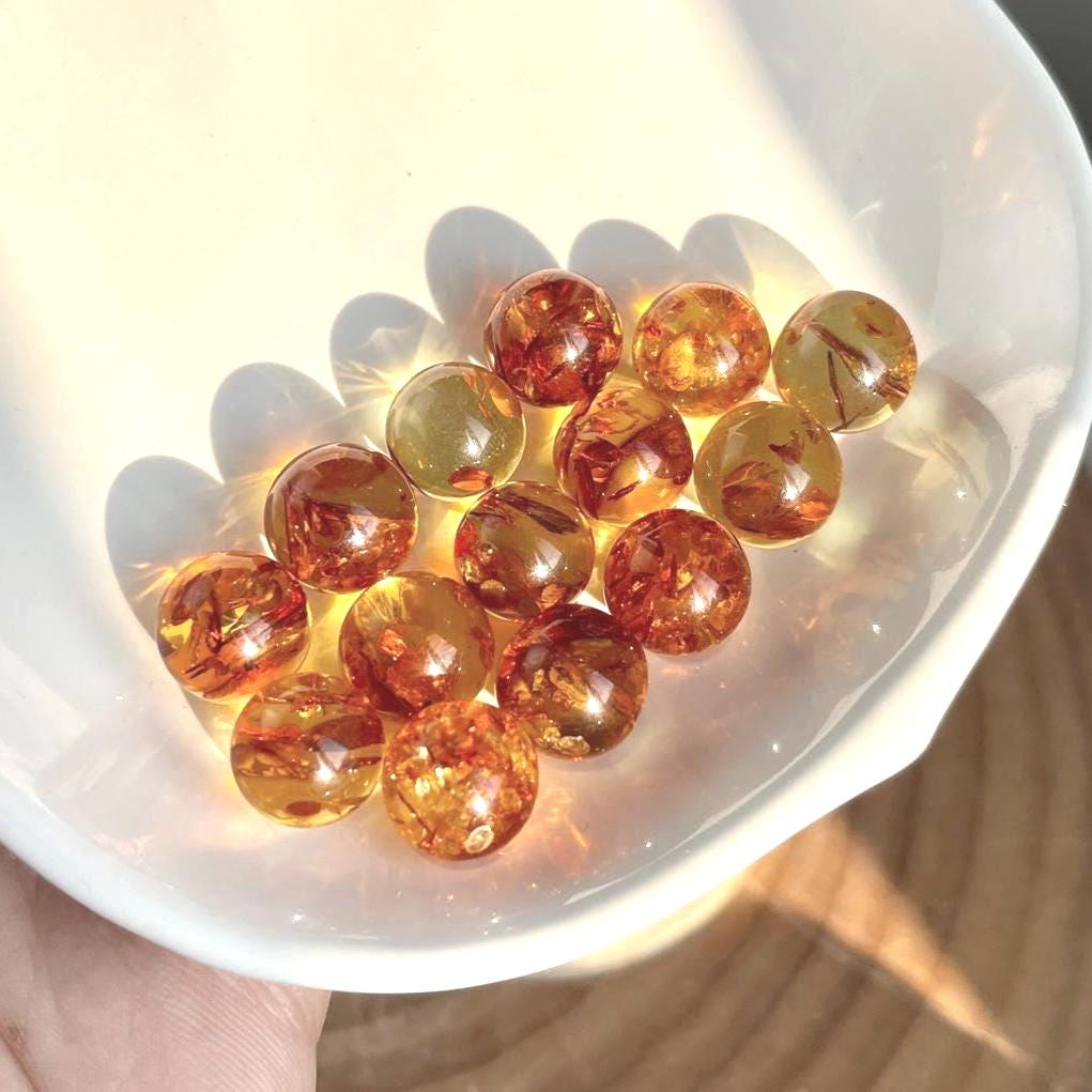 Natural Piebald Amber Bead Sphere Pendant, S925 Sterling Silver Minimalist Charm, Hand-Polished Round Bead Jewelry, Nature Gift for Her