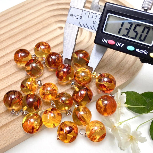 Natural Piebald Amber Bead Sphere Pendant, S925 Sterling Silver Minimalist Charm, Hand-Polished Round Bead Jewelry, Nature Gift for Her