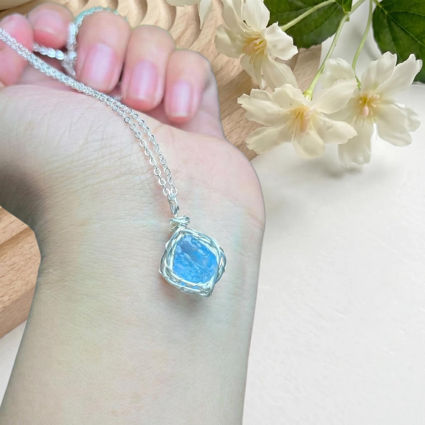 Raw Aquamarine Pendant & Earrings，Handmade Copper Wire Wrapped Blue Stone Jewelry，Unique March Birthstone Gift for Her