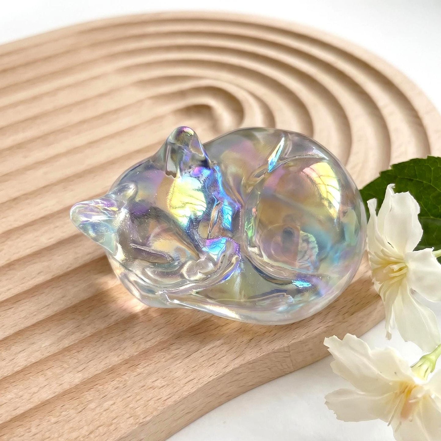 Rainbow Aura Cat Sculpture, Hand Carved Iridescent Sleeping Kitten, Unique Desk Pet, Sympathy Gift for Cat Loss, Crystal Home Office Decor