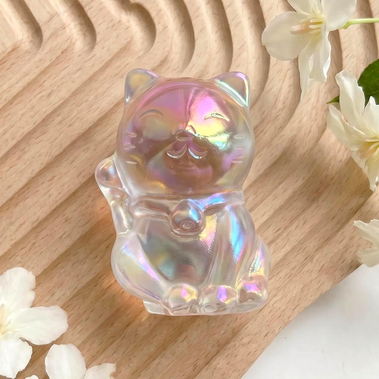 Rainbow Aura Cat Sculpture, Hand Carved Iridescent Sleeping Kitten, Unique Desk Pet, Sympathy Gift for Cat Loss, Crystal Home Office Decor