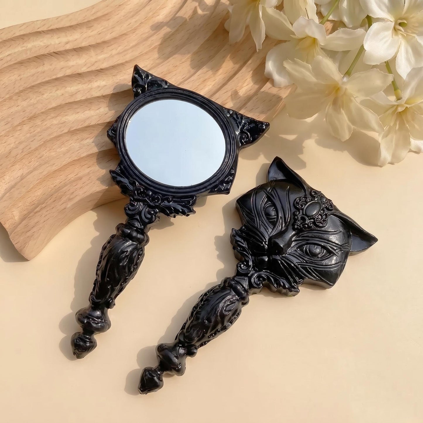 Natural Obsidian Cat Mirror, Flame Stone & White Jade Handheld Mirror, Witchy Vanity Decor, Carved Gemstone Handheld Mirror, Unique Gift