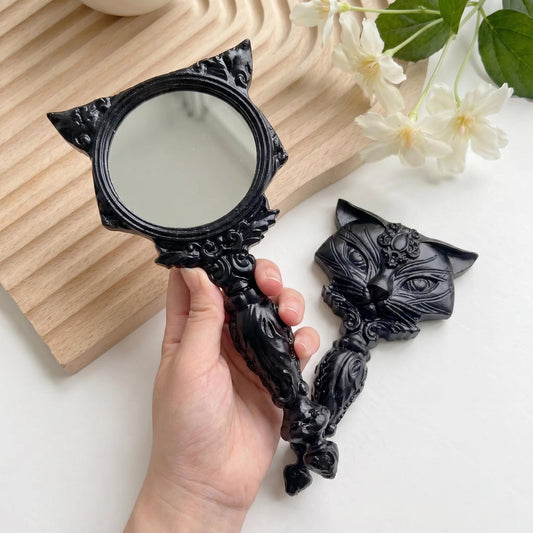 Natural Obsidian Cat Mirror, Flame Stone & White Jade Handheld Mirror, Witchy Vanity Decor, Carved Gemstone Handheld Mirror, Unique Gift