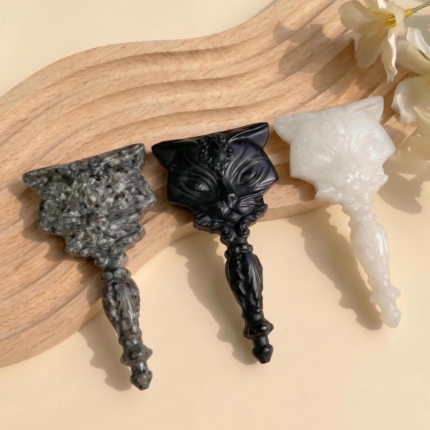 Natural Obsidian Cat Mirror, Flame Stone & White Jade Handheld Mirror, Witchy Vanity Decor, Carved Gemstone Handheld Mirror, Unique Gift