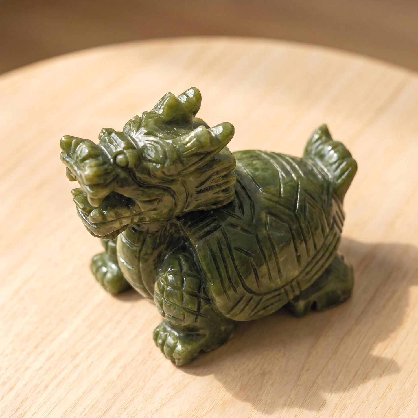 Natural Green Jade Dragon Turtle, Feng Shui Decor for Office, Handheld Stone Carving, Spiritual Gift for Men