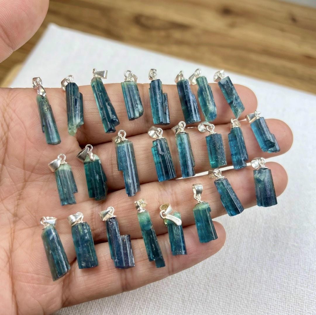Natural Raw Blue Tourmaline Pendant, S925 Sterling Silver Crystal Necklace, Raw Gemstone Healing Jewelry, Unique Birthday Gift For Her