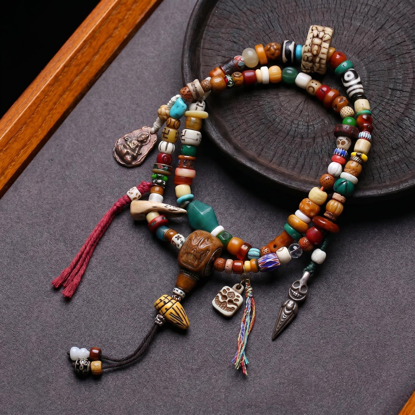 Handmade 108 Mala Multi-wrap Bracelet & Necklace, Dzi Bead Protection Amulet, Boho Tribal Yoga Prayer Beads, Spiritual Jewelry Gift