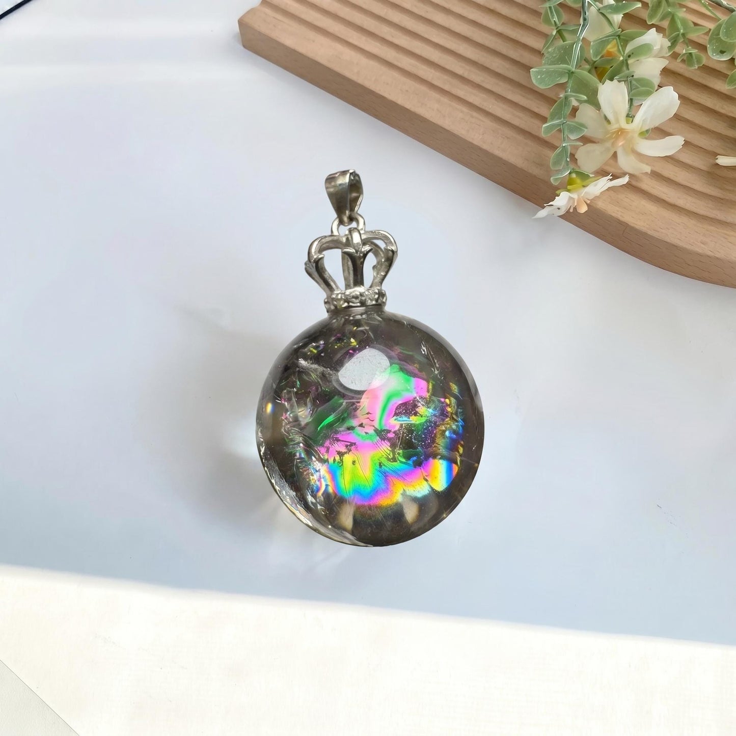 Rainbow Clear Quartz Sphere Pendant, S925 Sterling Silver Crown Bail, Natural Smoky Crystal Ball NecklaceWitchy Celestial Gift for Her