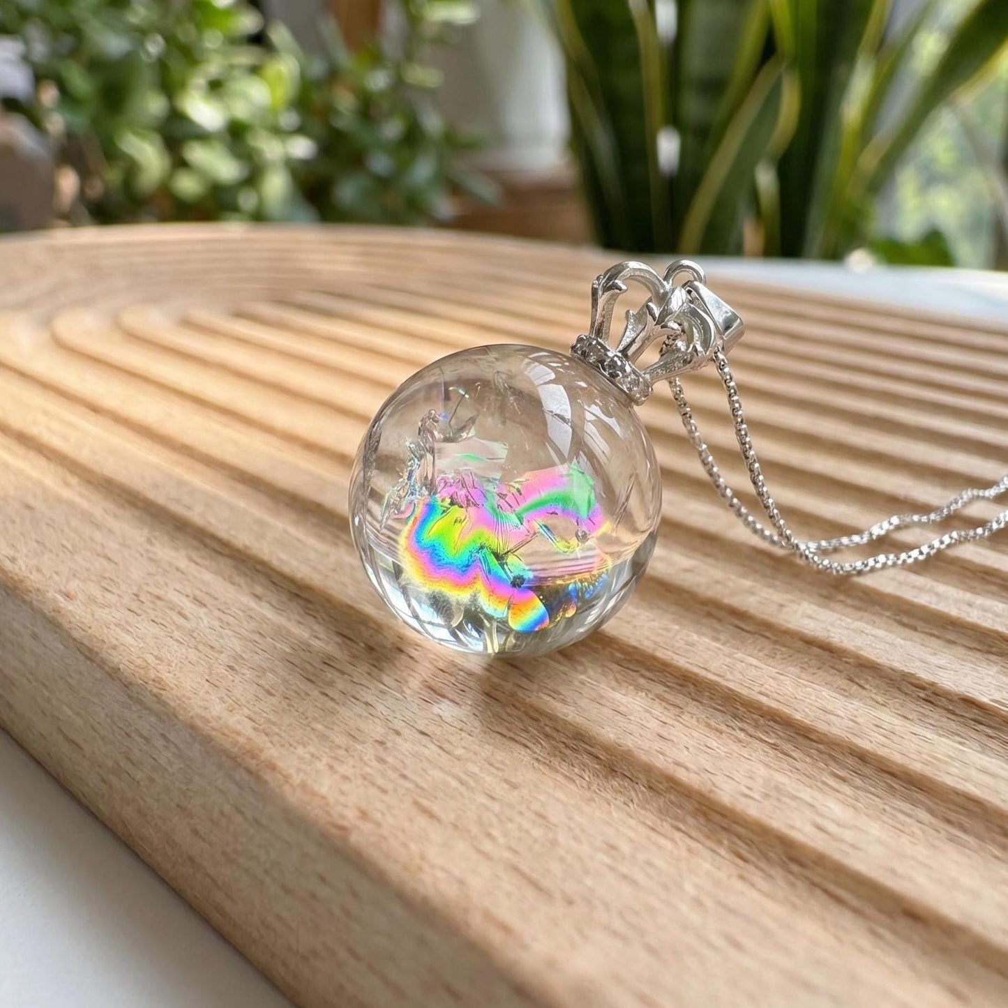 Rainbow Clear Quartz Sphere Pendant, S925 Sterling Silver Crown Bail, Natural Smoky Crystal Ball NecklaceWitchy Celestial Gift for Her