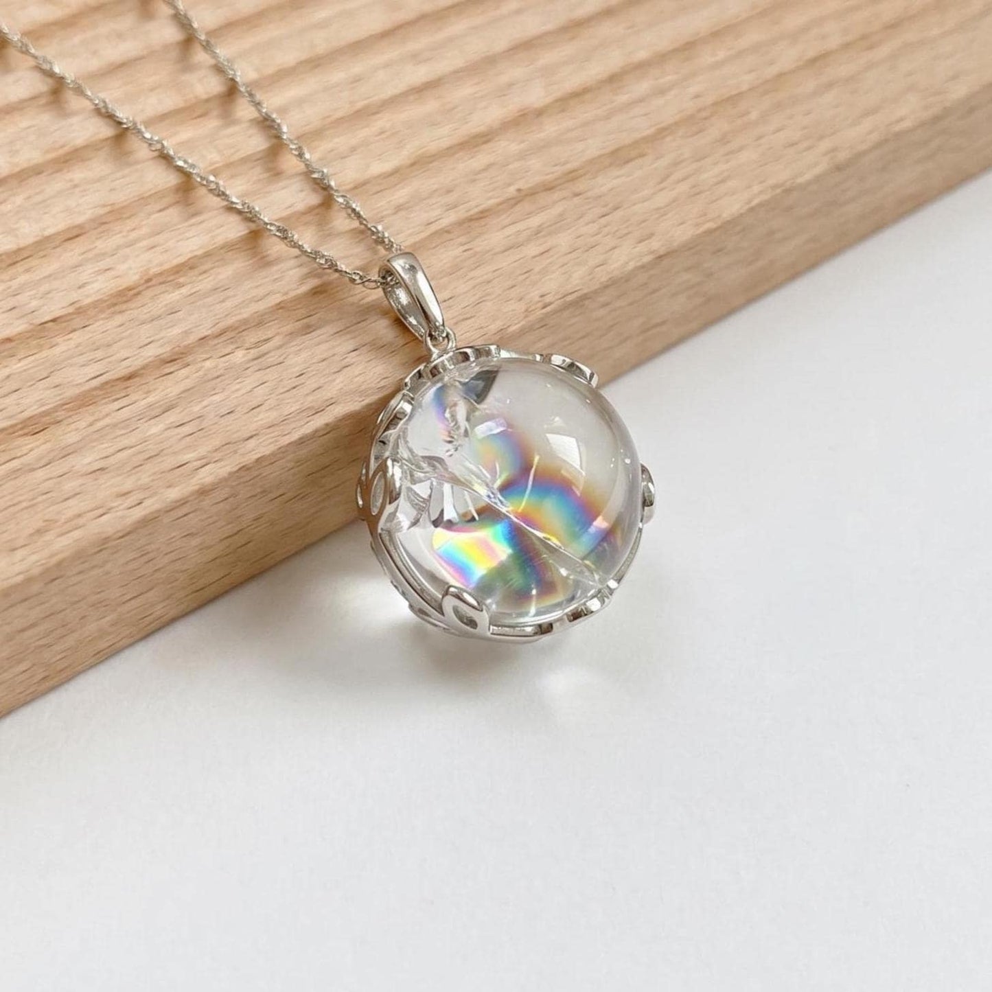 Rainbow Clear Quartz Sphere Pendant, S925 Sterling Silver Crown Bail, Natural Smoky Crystal Ball NecklaceWitchy Celestial Gift for Her