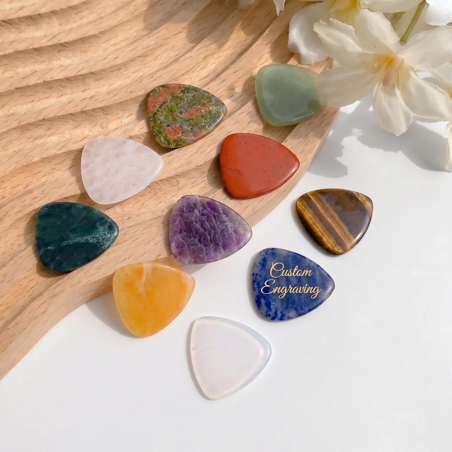 Custom Engraved Gemstone Guitar Picks, Natural Crystal Stone Plectrums, Personalized Music Gift, Rose Amethyst Lapis, Custom Musician Gift