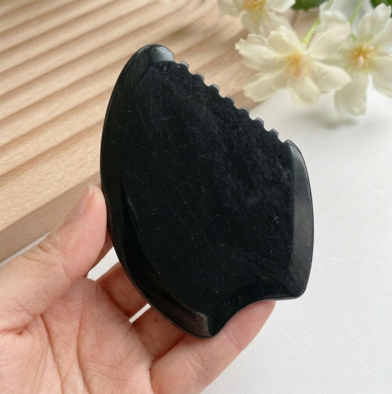 Black Bian Stone Gua Sha, Facial Massage Tool, Natural Stone Scraper for Face Body, Spa Skincare Tool, Wellness Gift, Text Engrave