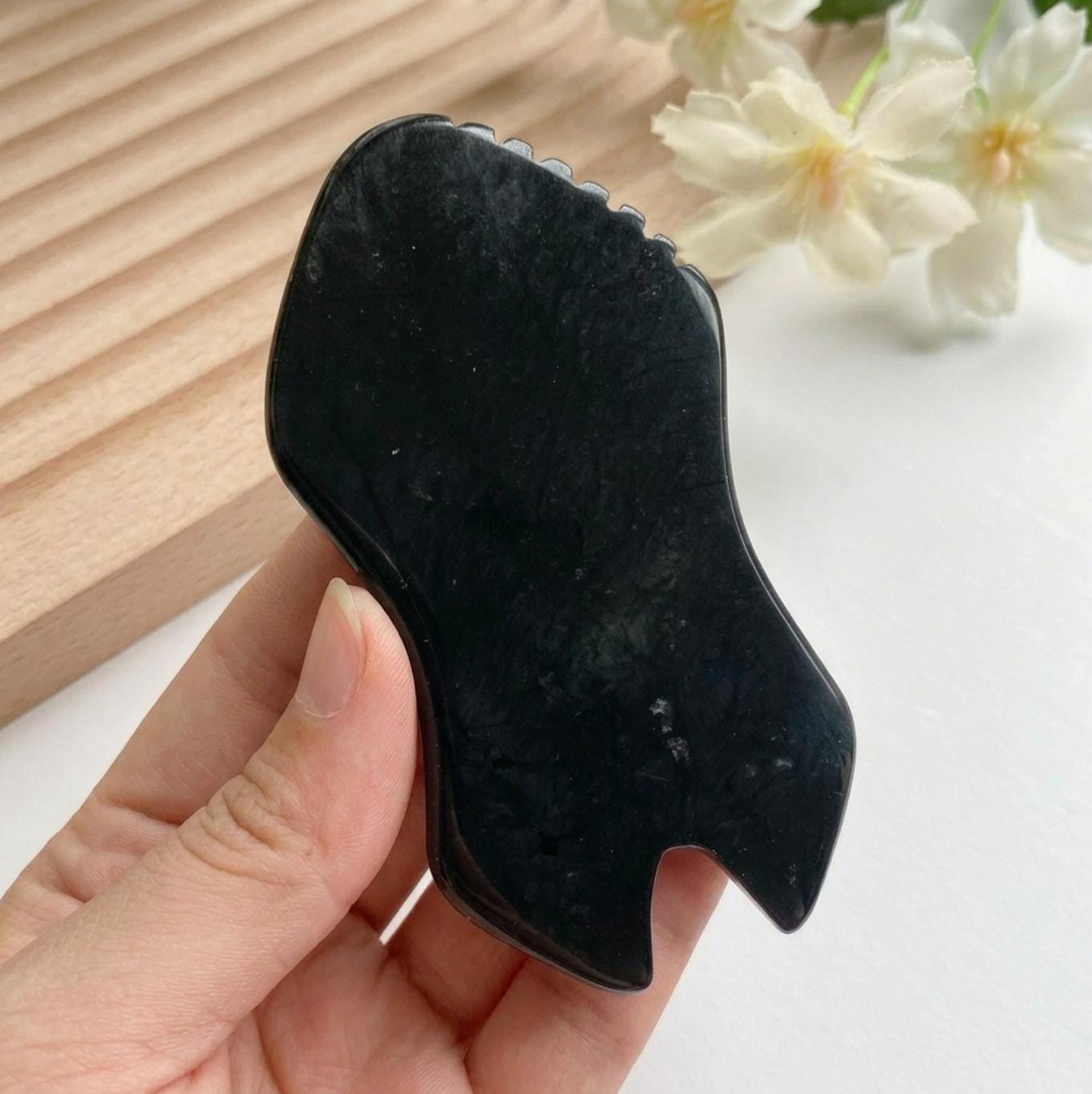 Black Bian Stone Gua Sha, Facial Massage Tool, Natural Stone Scraper for Face Body, Spa Skincare Tool, Wellness Gift, Text Engrave